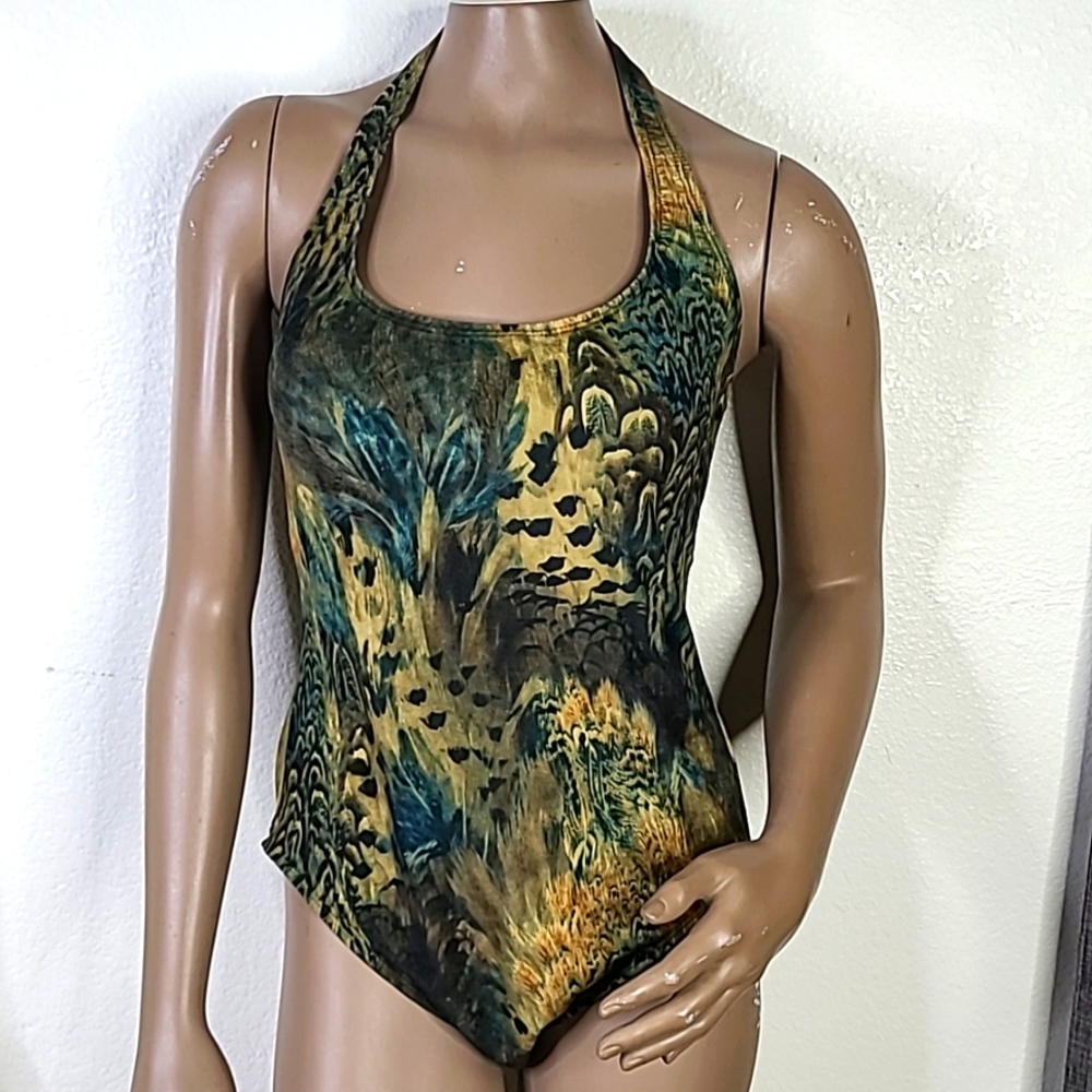 Retro Bodysuit Size 14 Halter Top Khaki Green Velour Feather Print Eclectic Fall